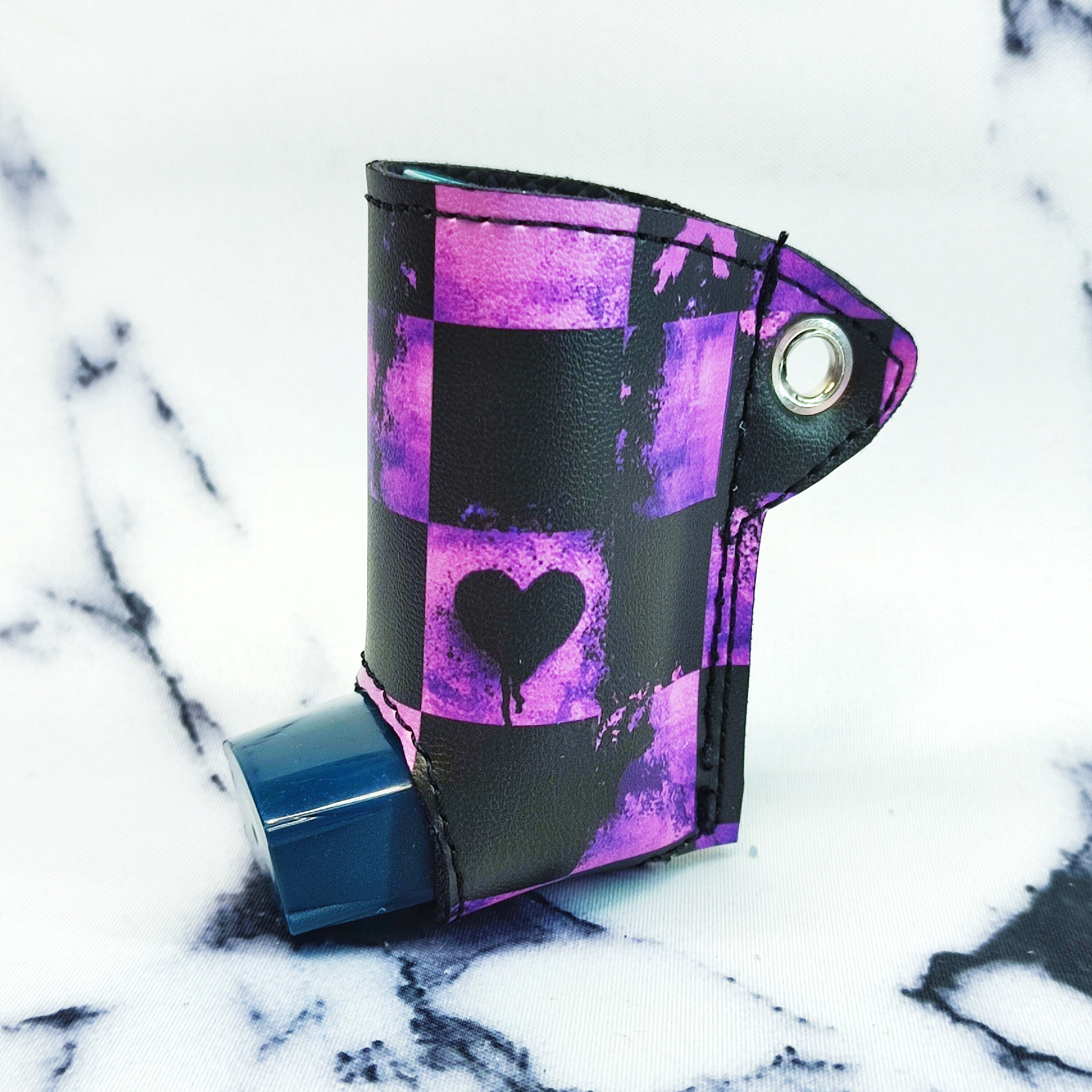 Purple and black check asthma inhaler holder cover keyring, child's pump, gothic gift asthmatic gift alternative gift, respiratory wellbeing