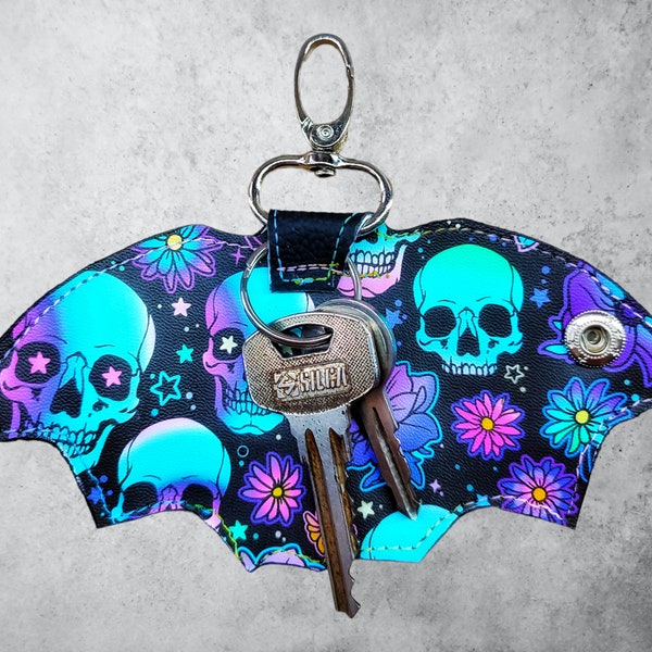 Bat wing key cover, Key holder, Keyfob, Gothic Gift, Goth Keyring, Accessory, Alternative Gifts, Skull Pattern, Alternative, Housewarming