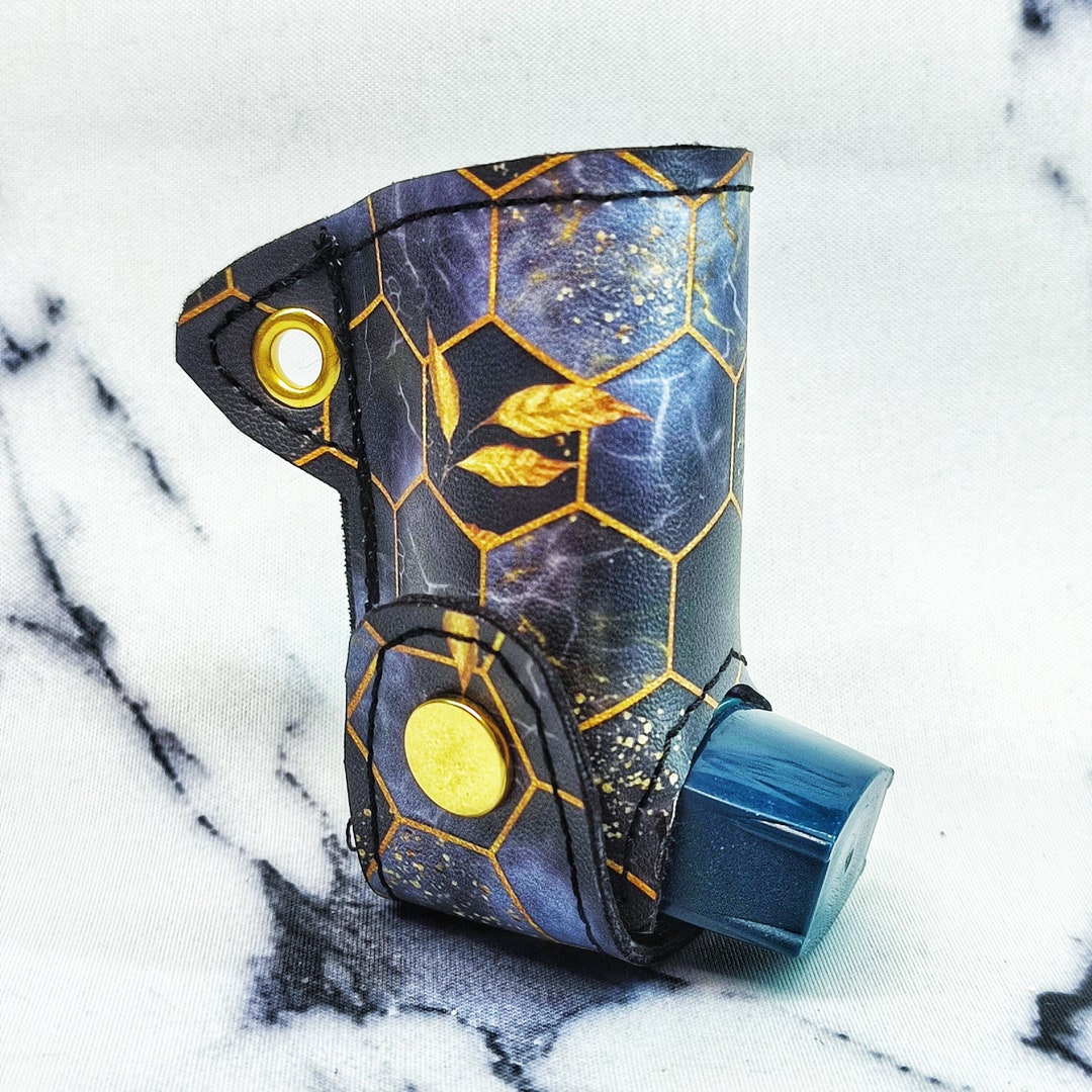 Blue and Gold Asthma Inhaler Holder Cover Keyring, Fits Pump, Asthmatic Gift
