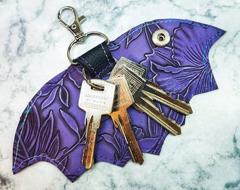 Purple embossed flower Bat wing key cover, Key holder, Keyfob, Gothic, Goth Keyring Accessory Gifts, floral Pattern Alternative Housewarming