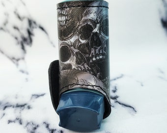 Gothic dark skulls asthma inhaler holder cover keyring, fits pump, dark aesthetic, asthmatic gift, alternative, respiratory wellbeing