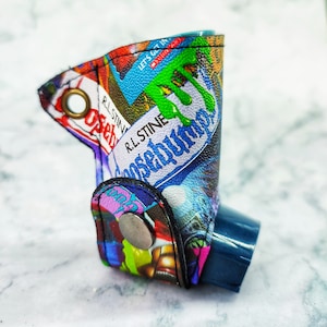 Gothic goosebumps asthma inhaler holder cover keyring, book fan, gothic gift, asthmatic, alternative, unisex respiratory wellbeing, reader