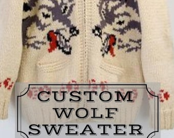 Custom Handknit 100% Wool Wolf Sweater from Vintage Pattern