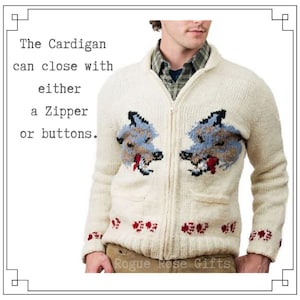 Cream-colored cardigan with a zipper closure and two front pockets. The sweater features a wolf design on the chest and paw prints on the cuffs. The text on the image says, "The Cardigan can close with either a Zipper or buttons."