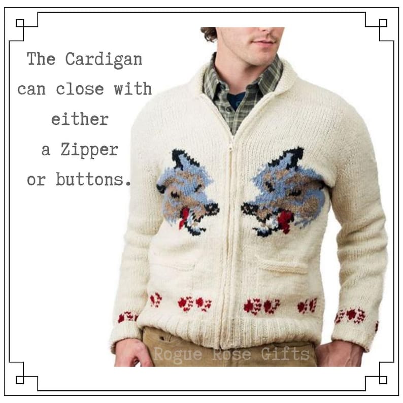Cream-colored cardigan with a zipper closure and two front pockets. The sweater features a wolf design on the chest and paw prints on the cuffs. The text on the image says, "The Cardigan can close with either a Zipper or buttons."