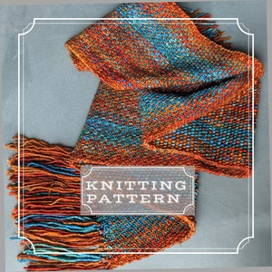 May include: A knitted scarf with a fringe in shades of orange, blue, and green. The scarf has a textured pattern and the text "Knitting Pattern" is printed on the scarf.