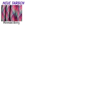 May include: A braided cord featuring a multi-colored diamond pattern in shades of magenta, purple, teal, and black. The text NEUE FARBEN appears above the cord, and the text Mermaid Berry is printed below the cord in a simple black font.