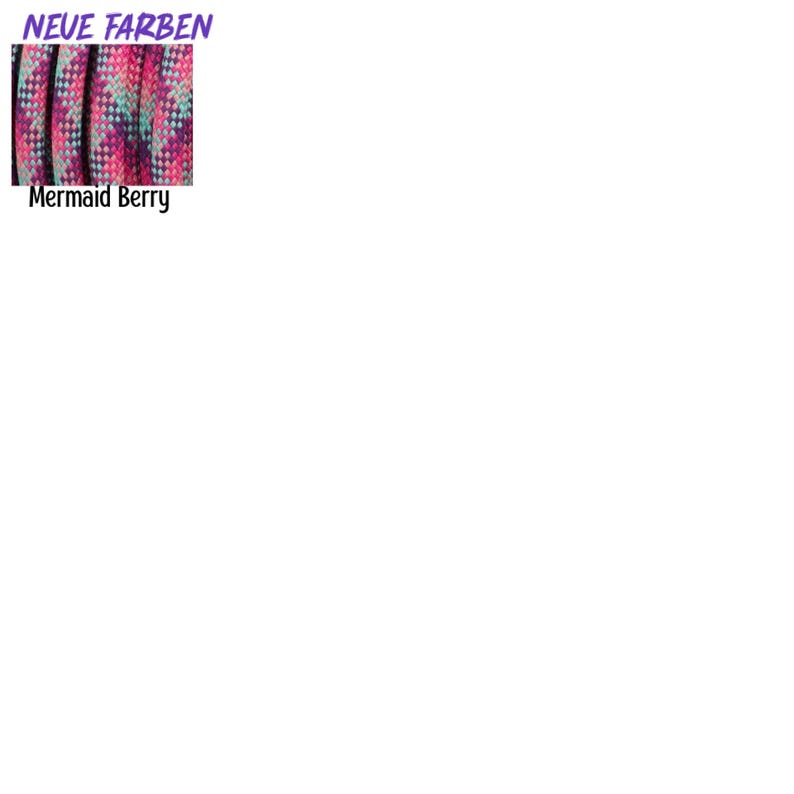May include: A braided cord featuring a multi-colored diamond pattern in shades of magenta, purple, teal, and black. The text NEUE FARBEN appears above the cord, and the text Mermaid Berry is printed below the cord in a simple black font.