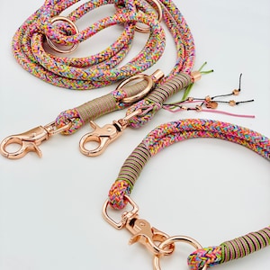May include: A multi-colored braided rope leash and collar set featuring rose gold metal hardware. The rope displays a vibrant mix of pink, yellow, blue, and green threads. Both pieces include olive green cord wrappings and decorative tassels.