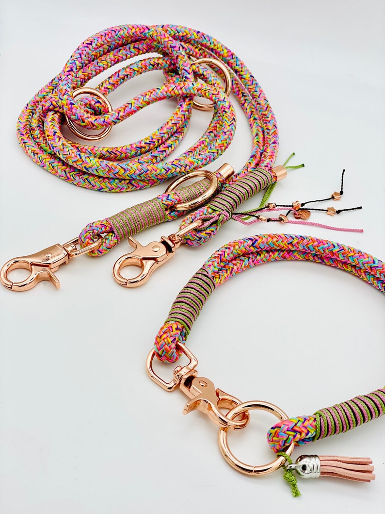 May include: A multi-colored braided rope leash and collar set featuring rose gold metal hardware. The rope displays a vibrant mix of pink, yellow, blue, and green threads. Both pieces include olive green cord wrappings and decorative tassels.