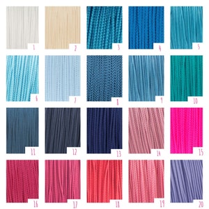 May include: A grid of twenty numbered color swatches featuring braided cord in various shades including white, beige, teal, blue, light blue, navy, pink, magenta, red, and purple. Each swatch displays a vertical texture of twisted fiber strands.