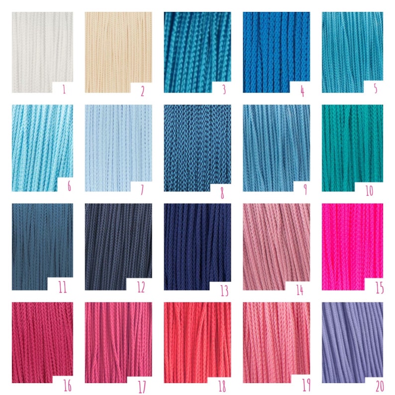 May include: A grid of twenty numbered color swatches featuring braided cord in various shades including white, beige, teal, blue, light blue, navy, pink, magenta, red, and purple. Each swatch displays a vertical texture of twisted fiber strands.