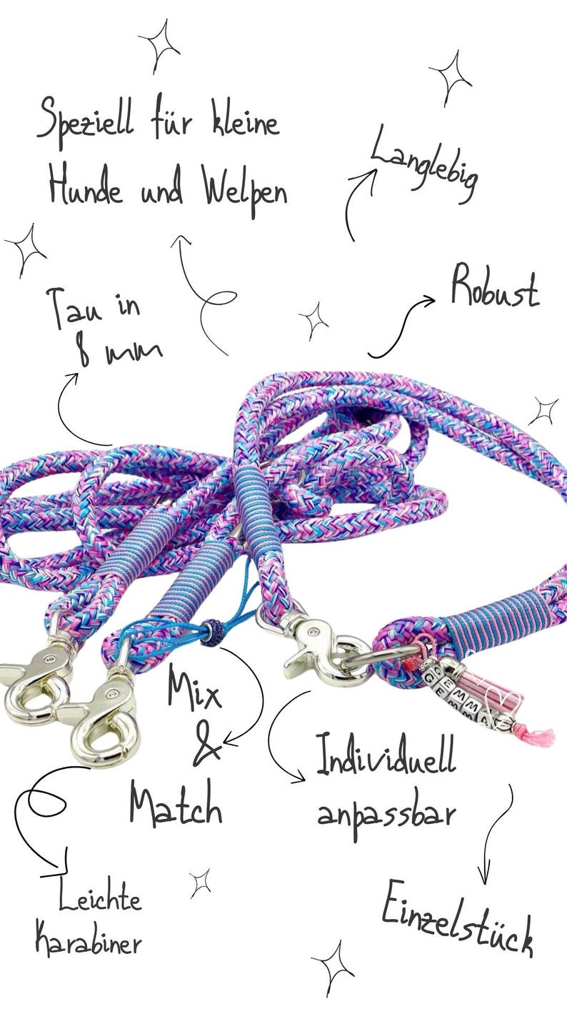 May include: A multi-colored rope dog leash featuring purple, blue, and pink braided patterns with silver-toned metal carabiners. The leash includes decorative silver letter beads spelling GEMMA and handwritten German text annotations throughout the image.