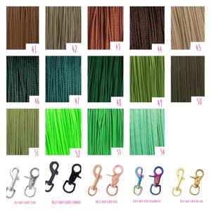 May include: A collection of fourteen textured cord samples in various shades of brown, green, and neon, numbered 41 through 54. Below are five pairs of metal swivel trigger snap hooks in silver, black, rose gold, rainbow, and gold finishes.