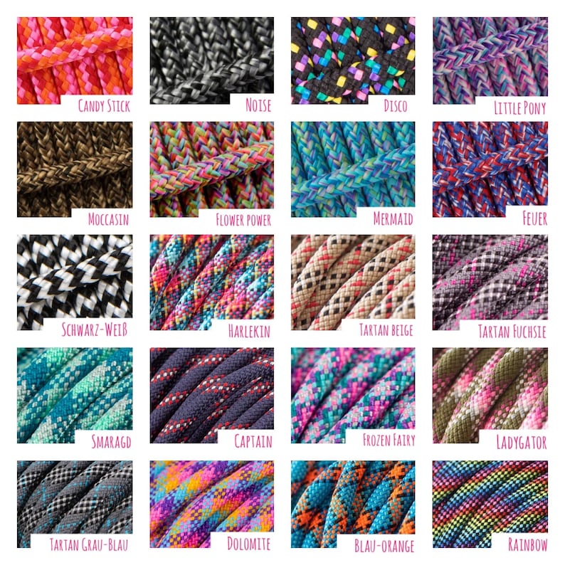 May include: A collection of twenty braided cords in various colors and patterns, each labeled with names including Candy Stick, Noise, Disco, Little Pony, Moccasin, Flower Power, Mermaid, Feuer, Schwarz-Wei&szlig;, Harlekin, Tartan Beige, Tartan Fuchsie, Smaragd, Captain, Frozen Fairy, Ladygator, Tartan Grau-Blau, Dolomite, Blau-Orange, and Rainbow.
