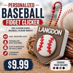 May include: A personalized baseball fidget clicker shaped like a home plate with a white baseball graphic and red stitching. The name LANGDON is printed in white letters. It features a red ball chain for attachment and a white side profile.