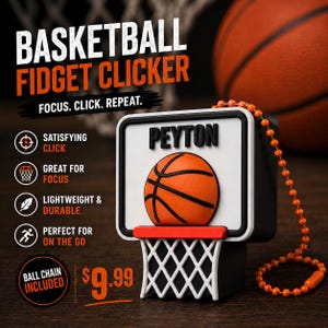 Pode incluir: Um fidget clicker com tema de basquete apresentando uma tabela branca com o nome PEYTON em letras pretas, uma bola de basquete laranja e uma rede branca. O dispositivo inclui uma corrente de bolinhas laranja e o texto BASKETBALL FIDGET CLICKER.