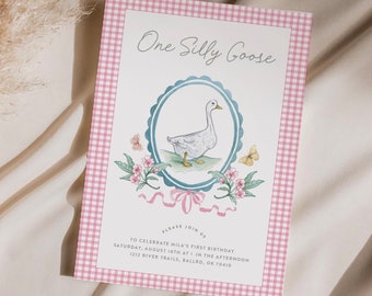May include: Pink and white gingham patterned invitation with a watercolor illustration of a white goose in a blue oval frame. The text reads "One Silly Goose" and includes details for a first birthday party.