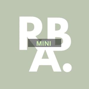May include: White logo with the letters "RBA" in a stylized font. The word "MINI" is written in a smaller font below the letters.
