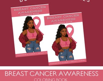 May include: Two coloring books with pink covers and the text "Breast Cancer Awareness Coloring Book." Each cover features an illustration of a woman with a pink ribbon. The background is a deep red color, with the text "BLUPRINTORIGINALS" at the top.