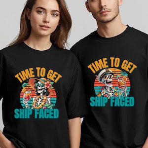 May include: Black t-shirts with a colourful graphic featuring skeleton characters enjoying tropical drinks. The text "TIME TO GET SHIP FACED" is displayed in orange and teal. The design includes a sunset background.