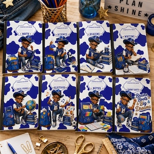 May include: Eight composition notebooks with a blue and white cow print background. Each cover features a young person wearing a cowboy hat and glasses, surrounded by school supplies and subject labels including Math, Science, Reading, Writing, Social Studies, Electives, Notes, and Trendy Quote.