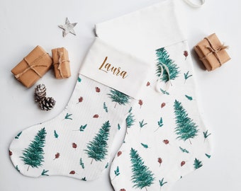 Luxury Personalised Christmas Trees and Pine Cones Christmas Stocking Gold/Silver Sparkly name