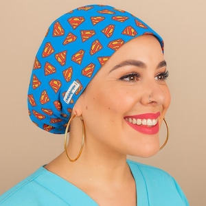 Super Heroes Surgeon Scrub Cap Women Blue Euro Style Scrub Hat with Name Nurse Anesthesia Pediatrician Healthcare Gift Surgical Cap  Buttons
