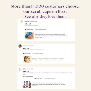 The image is a screenshot of a webpage featuring customer reviews and descriptions of various scrub caps, including a list of scrub caps available on Etsy.