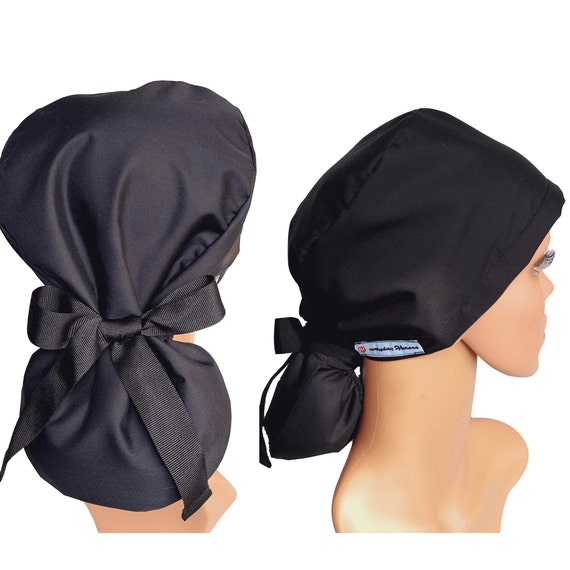 Scrub Bonnet for Women Solid Black Satin Lined or 100% Cotton