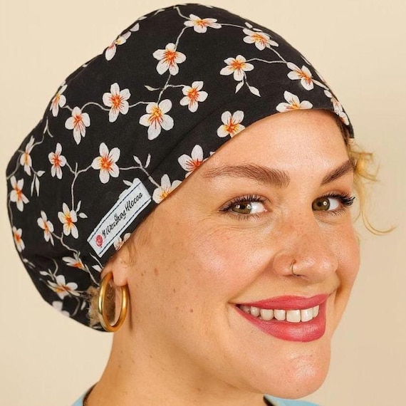Black Floral Euro Scrub Caps For Women Satin Lined Scrub Hat Custom Nurse Surgical Cap Anesthesia Technician Personalized Doctor Dental Cap