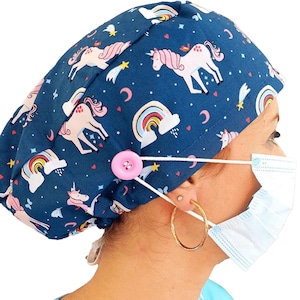 Pink Unicorns Scrub Cap Satin Lined Scrub Hat For Women Blue with Rainbows Surgical Cap With Name Pediatric Nurse Cotton Cap Euro Adjustable