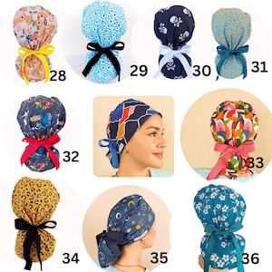 Doublure en satin et bonnets de gommage pour queue de cheval pour femme, bonnet chirurgical personnalisé, broderie de nom avec logo, couvre-cheveux longs pour infirmière.