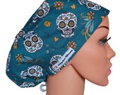 Sugar Skulls Scrub Cap for Women, Surgical Cap, Satin Lining Scrub Cap with Buttons, Scrub Hat Euro, Scrub Cap Dental, Veterinarians Cap.