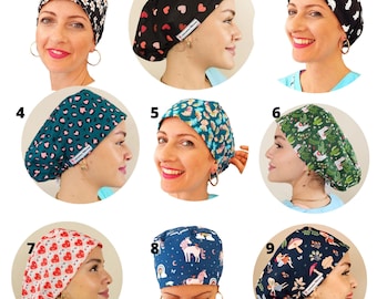 45 Scrub Caps For Women Surgical Caps Satin Lined, Scrub Hats Euro, Nurse Cap, Dental Cap, Personalized Name is Optional and Extra.