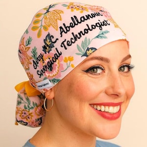 custom ponytail scrub caps Nurse Hats personalized vet tech name scrub cap Surgical Tech Gift Floral Satin Lined Cap Gifts For Doctors.
