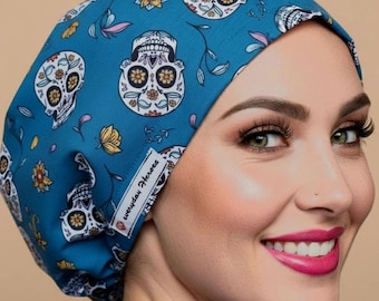 Skull Scrub Cap Funny Scrub Cap Satin Lined Custom Scrub Caps For Women Nurse Gift Euro Surgical Cap in OR Student Scrub Hat Halloween.