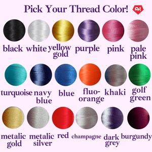 a collection of 16 different thread colors, each with a corresponding description, arranged in a grid format. The text provides a visual guide for selecting the appropriate thread color based on the desired color.