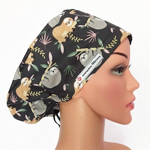 Sloths Scrub Caps For Women, Surgical Cap Women, Euro Scrub Cap Animals, Nurses Bonnet, Customized With Buttons & Satin.