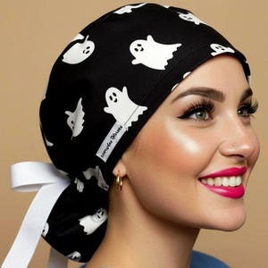 Ghost Scrub Caps Satin Lined Custom Text Scrub Hat Pony Tail with Buttons OR Nurse Scrub Cap Black & White Tie in Bow Embroidered Anesthesia