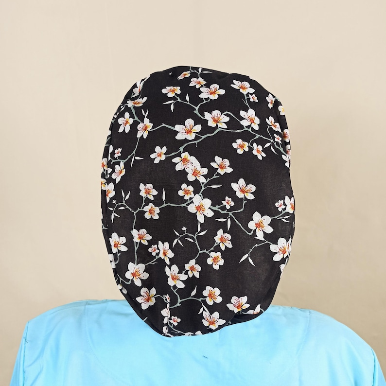Black Floral Euro Scrub Caps For Women Satin Lined Scrub Hat Custom Nurse Surgical Cap Anesthesia Technician Personalized Doctor Dental Cap image 5