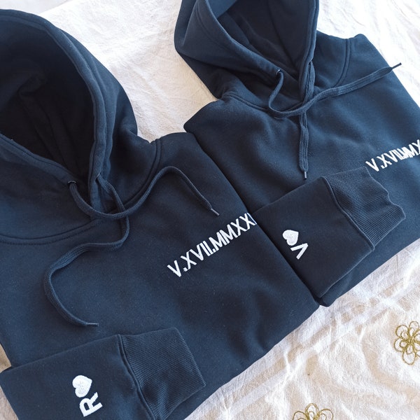 Anniversary Hoodie, Roman Numeral Embroidered Hoodie, Matching Hoodies For Couples, Personalized Date, Gift For Him & Her.