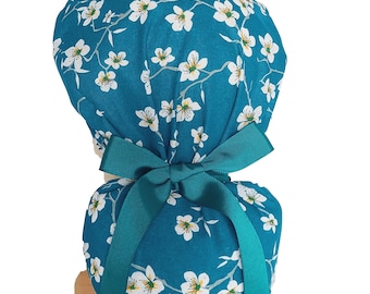 Ponytail Scrub Cap For Women, Floral Scrub Cap, Satin Lined Scrub Cap, Surgical Cap, Scrub Hat Almond Flowers Print.