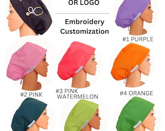 Personalized Scrub Hat Custom Scrub Cap For Women Satin Lined Euro Solid Colors Name Embroidered & Logo Surgeon Surgical Cap Nurses OBGYN.