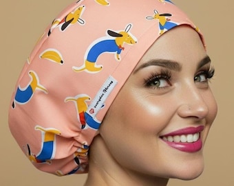 Gorro de quirófano personalizado con diseño de perro salchicha, gorro de quirófano de satén con diseño de perro salchicha europeo, gorro de quirófano rosa para mujer, gorro de quirófano para animales y cirujano.