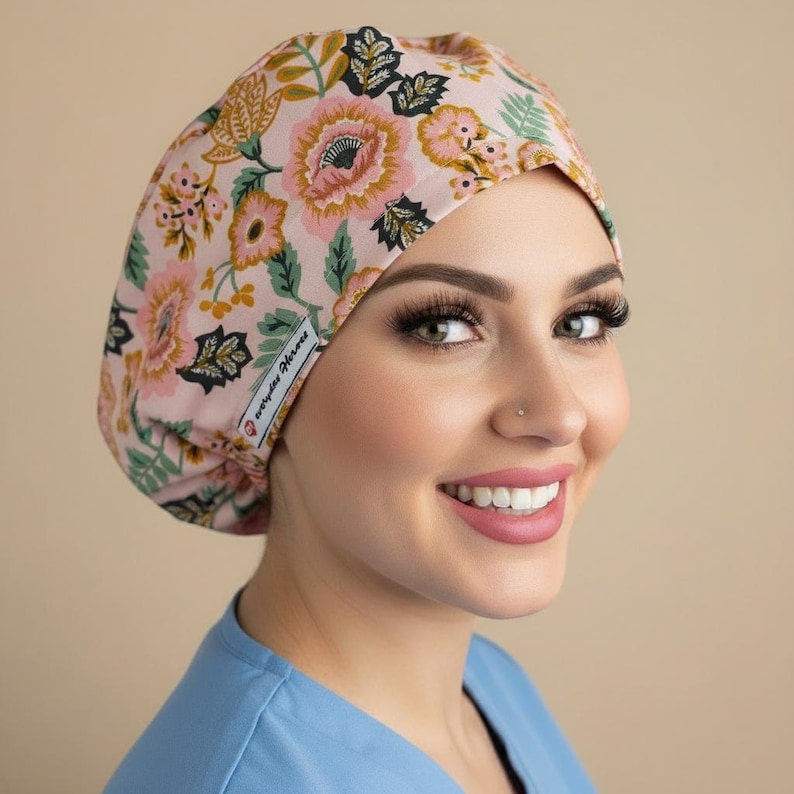 Floral Paisley Pink Satin Lined Scrub Cap Custom Name Scrub Caps for ...