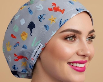 Seaworld Scrub Cap Lobsters Satin Euro Scrub Hats Doctor Gift Idea Seashell & Octopus Scrub caps For Women Surgical Cap Name Hospital Gift