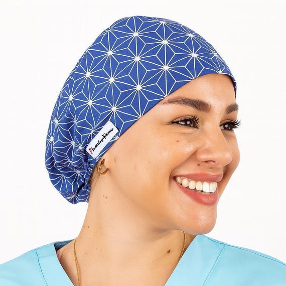 Blue Abstract Satin Lined Scrub Cap, Custom Euro Scrub Hat, Name
