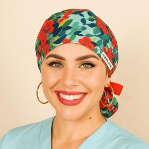 Bold Floral Ponytail Scrub Cap Custom Anesthesia Scrub Hats Gardening Surgical Cap Satin Lined with Buttons Nurse Hat Medical Student Gifts.
