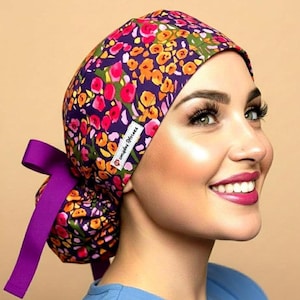 Gorros quirúrgicos para coleta, gorro quirúrgico forrado de satén para mujer, gorro quirúrgico floral para dentista, obstetricia, ginecología, parto y alumbramiento, gorro de enfermera para cabello largo con botones.
